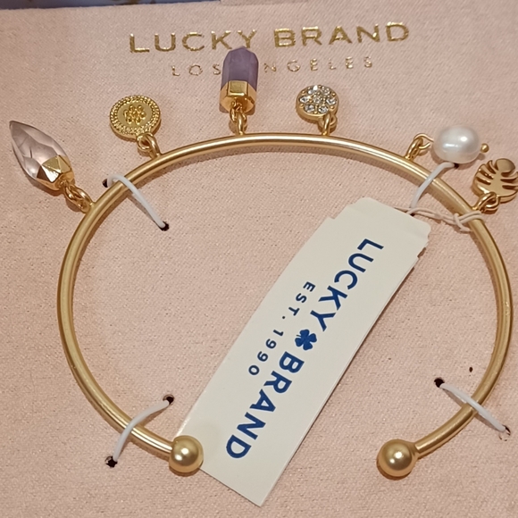LUCKY BRAND 🍀 GOLD QUARTZ AMETHYST HEALIING GEMSTONES CHARM BANGLE BRACELET - Picture 1 of 9